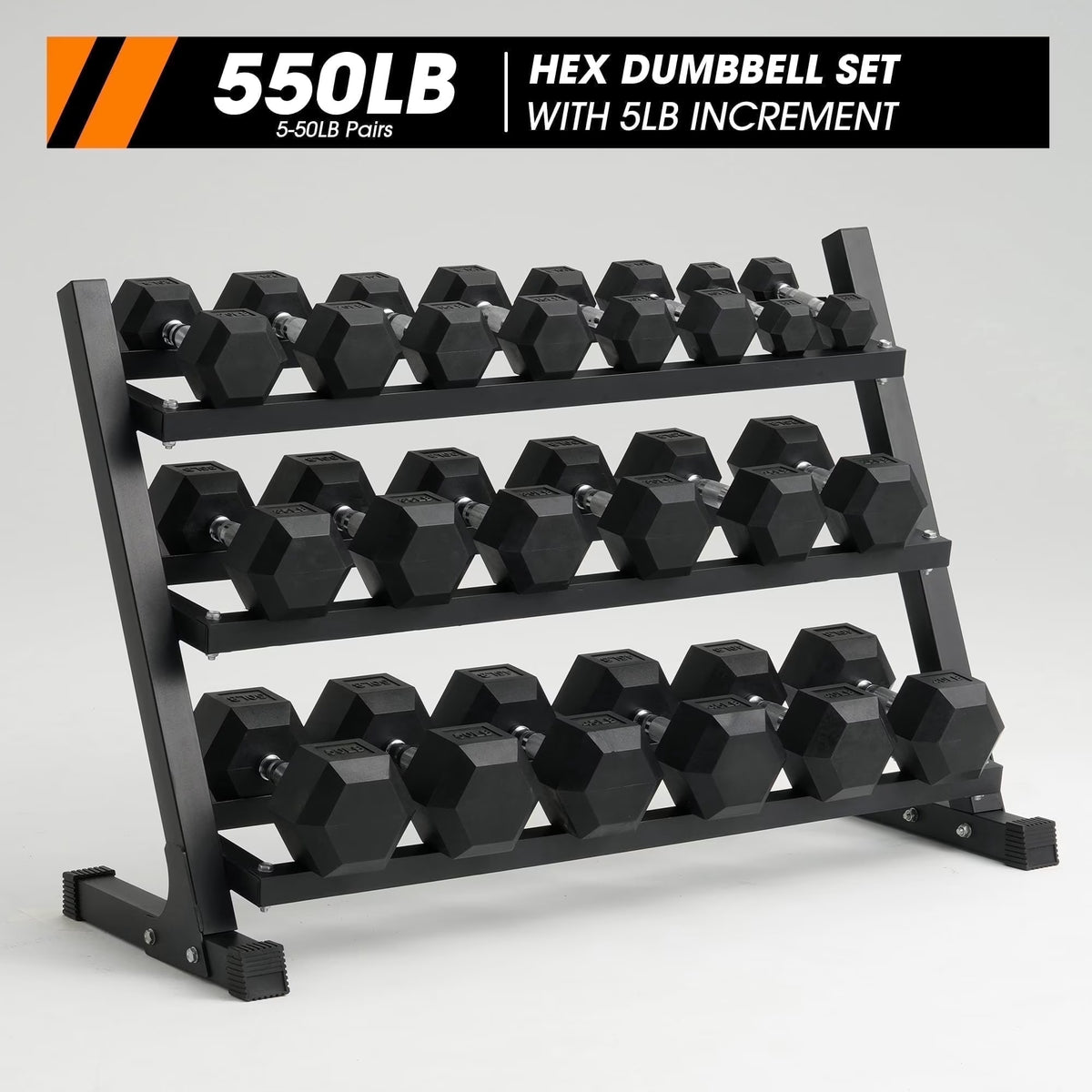 Mikolo Rubber Hex Dumbbell Set with Rack – 550 lb Home Gym Weight Set