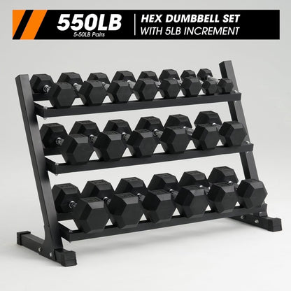 Mikolo Rubber Hex Dumbbell Set with Rack – 550 lb Home Gym Weight Set