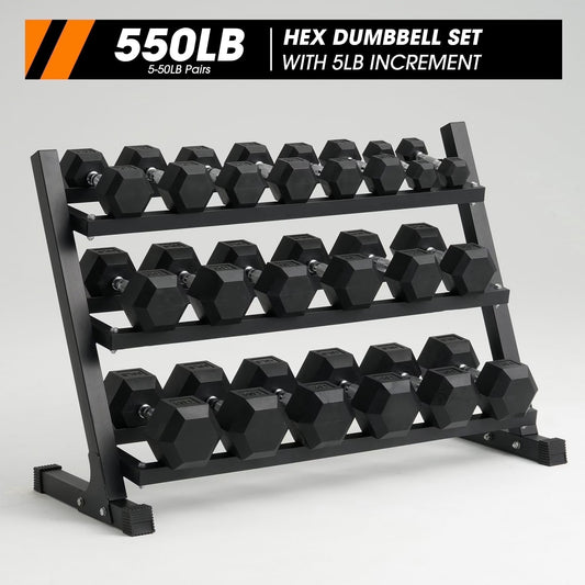 Mikolo Rubber Hex Dumbbell Set with Rack – 550 lb Home Gym Weight Set