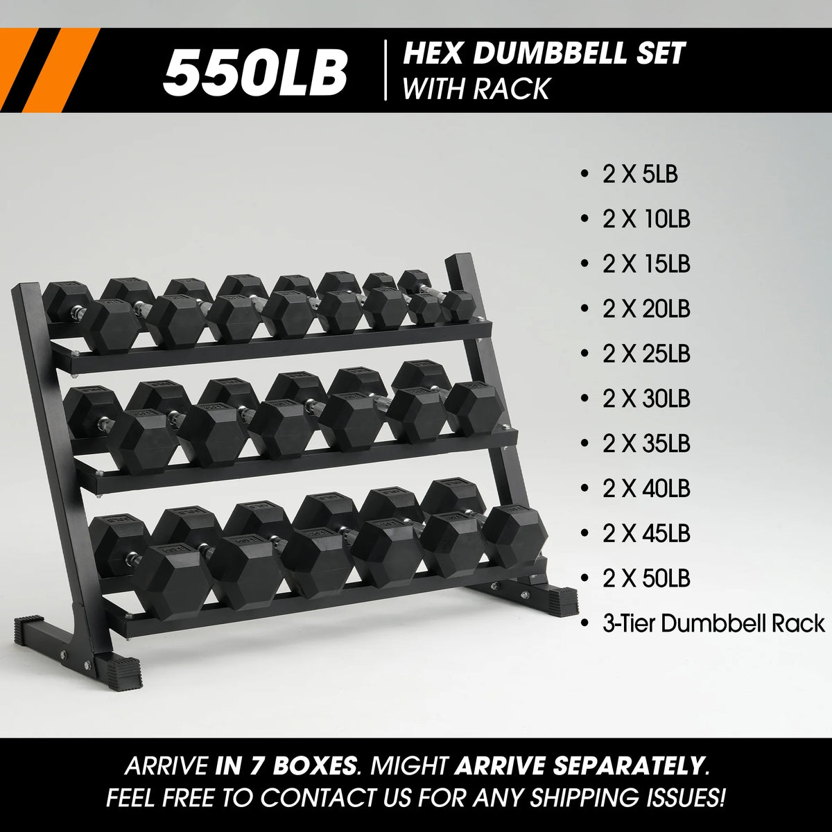 Mikolo Rubber Hex Dumbbell Set with Rack – 550 lb Home Gym Weight Set