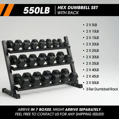 Mikolo Rubber Hex Dumbbell Set with Rack – 550 lb Home Gym Weight Set