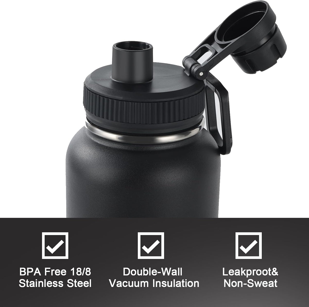 32 oz Insulated Stainless Steel Water Bottle – Wide Mouth, Leakproof Spout & Handle Lids