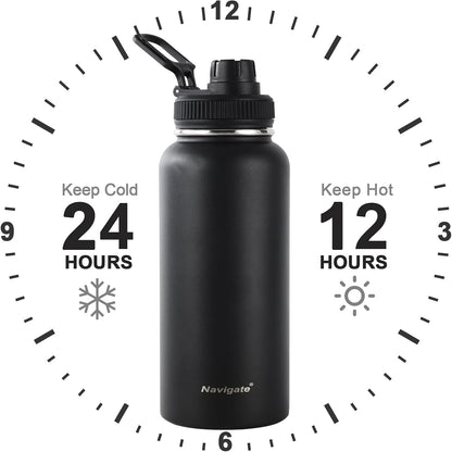 32 oz Insulated Stainless Steel Water Bottle – Wide Mouth, Leakproof Spout & Handle Lids