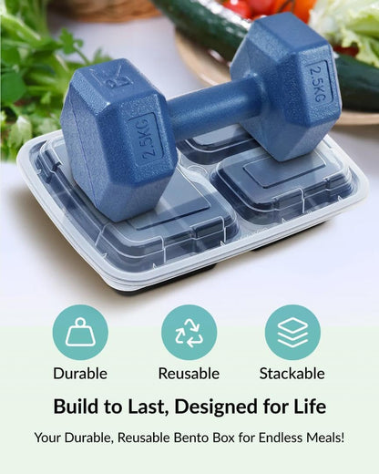 Versatile Meal Prep Containers - 12 Pack Bento Box with 3 Compartments, Airtight Lids, BPA Free, Microwave & Dishwasher Safe for Easy Meal Organization