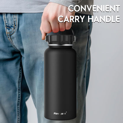 32 oz Insulated Stainless Steel Water Bottle – Wide Mouth, Leakproof Spout & Handle Lids